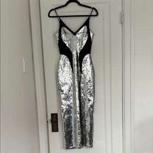 David Koma CONTOUR SEQUIN MIDI SLIP DRESS IN SILVER/BLACK